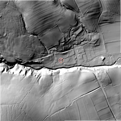 Shaded relief map of the ground around BD234BS, computed from Environment Agency LiDAR. The ground here sits at about 190 m above sea level and falls 78 m across the surrounding 800 m. Surface water reaching this point runs off ground lying to the north-west, 65.8 m higher.