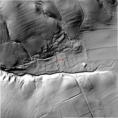 Shaded relief map of the ground around BD234BT, computed from Environment Agency LiDAR. The ground here sits at about 185 m above sea level and falls 75 m across the surrounding 800 m. Surface water reaching this point runs off ground lying to the north-west, 62.0 m higher.