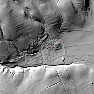 Shaded relief map of the ground around BD234BX, computed from Environment Agency LiDAR. The ground here sits at about 187 m above sea level and falls 76 m across the surrounding 800 m. Surface water reaching this point runs off ground lying to the north-west, 36.2 m higher.