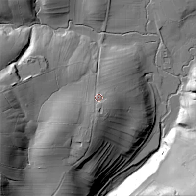 Shaded relief map of the ground around BD234BY, computed from Environment Agency LiDAR. The ground here sits at about 214 m above sea level and falls 61 m across the surrounding 800 m. Surface water reaching this point runs off ground lying to the south-south-west, 9.9 m higher.