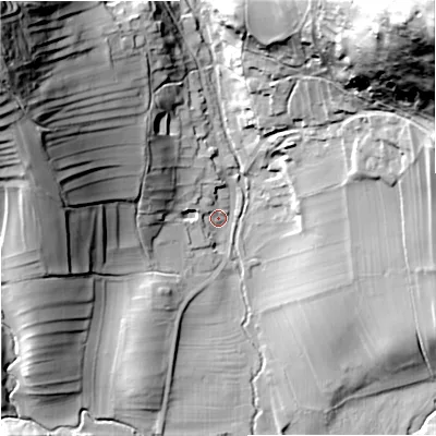 Shaded relief map of the ground around BD234DA, computed from Environment Agency LiDAR. The ground here sits at about 194 m above sea level and falls 98 m across the surrounding 800 m. Surface water reaching this point runs off ground lying to the west-north-west, 43.9 m higher.