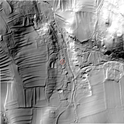 Shaded relief map of the ground around BD234DH, computed from Environment Agency LiDAR. The ground here sits at about 199 m above sea level and falls 96 m across the surrounding 800 m. Surface water reaching this point runs off ground lying to the west, 37.2 m higher.