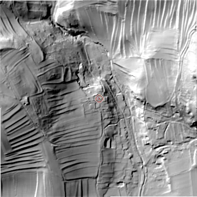 Shaded relief map of the ground around BD234DJ, computed from Environment Agency LiDAR. The ground here sits at about 213 m above sea level and falls 71 m across the surrounding 800 m. Surface water reaching this point runs off ground lying to the west, 43.9 m higher.