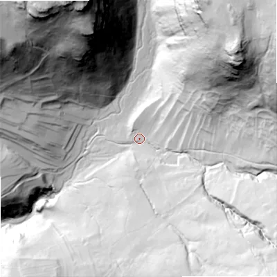 Shaded relief map of the ground around BD234DL, computed from Environment Agency LiDAR. The ground here sits at about 233 m above sea level and falls 166 m across the surrounding 800 m. Surface water reaching this point runs off ground lying to the north-east, 142.1 m higher.