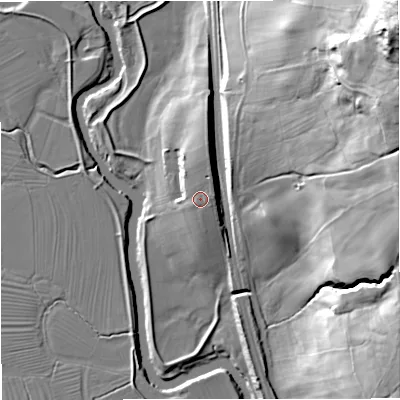 Shaded relief map of the ground around BD234DS, computed from Environment Agency LiDAR. The ground here sits at about 134 m above sea level and falls 69 m across the surrounding 800 m. Surface water reaching this point runs off ground lying to the north-north-east, 3.3 m higher.