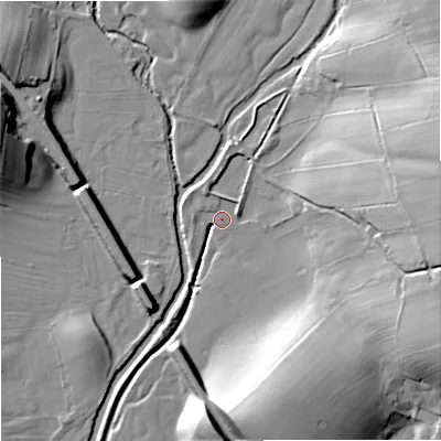 Shaded relief map of the ground around BD234DU, computed from Environment Agency LiDAR. The ground here sits at about 134 m above sea level and falls 27 m across the surrounding 800 m. Surface water reaching this point runs off ground lying to the east, 24.5 m higher.