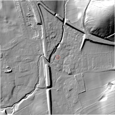 Shaded relief map of the ground around BD234DW, computed from Environment Agency LiDAR. The ground here sits at about 145 m above sea level and falls 78 m across the surrounding 800 m. Surface water reaching this point runs off ground lying to the north-north-east, 2.9 m higher.