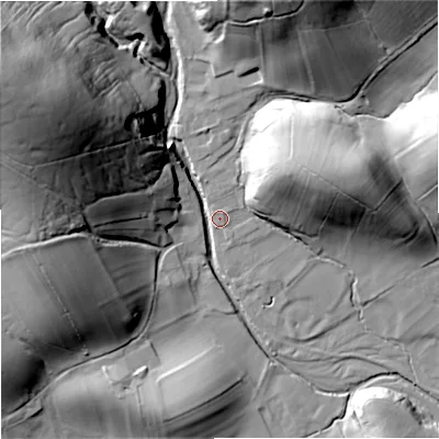 Shaded relief map of the ground around BD234DX, computed from Environment Agency LiDAR. The ground here sits at about 153 m above sea level and falls 61 m across the surrounding 800 m. Surface water reaching this point runs off ground lying to the west-north-west, 56.7 m higher.