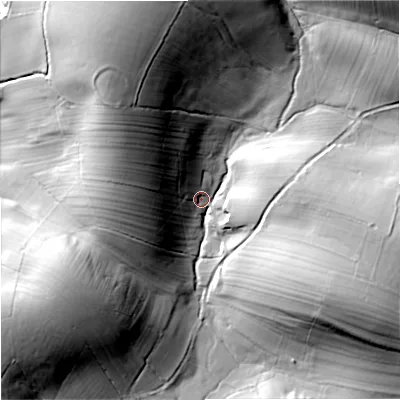 Shaded relief map of the ground around BD234DY, computed from Environment Agency LiDAR. The ground here sits at about 173 m above sea level and falls 58 m across the surrounding 800 m. Surface water reaching this point runs off ground lying to the north-north-west, 50.1 m higher.
