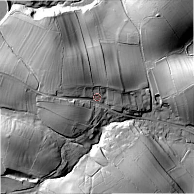 Shaded relief map of the ground around BD234EA, computed from Environment Agency LiDAR. The ground here sits at about 150 m above sea level and falls 45 m across the surrounding 800 m. Surface water reaching this point runs off ground lying to the north-west, 14.3 m higher.