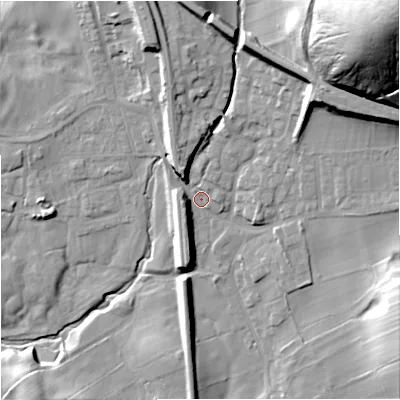 Shaded relief map of the ground around BD234EP, computed from Environment Agency LiDAR. The ground here sits at about 143 m above sea level and falls 74 m across the surrounding 800 m. Surface water reaching this point runs off ground lying to the north-north-west, 9.7 m higher.