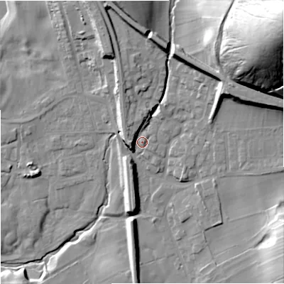 Shaded relief map of the ground around BD234ES, computed from Environment Agency LiDAR. The ground here sits at about 145 m above sea level and falls 74 m across the surrounding 800 m. Surface water reaching this point runs off ground lying to the north-north-west, 8.2 m higher.