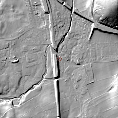 Shaded relief map of the ground around BD234ET, computed from Environment Agency LiDAR. The ground here sits at about 142 m above sea level and falls 71 m across the surrounding 800 m. Surface water reaching this point runs off ground lying to the north, 9.7 m higher.