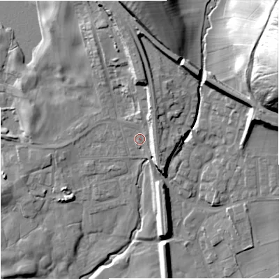 Shaded relief map of the ground around BD234EU, computed from Environment Agency LiDAR. The ground here sits at about 144 m above sea level and falls 52 m across the surrounding 800 m. Surface water reaching this point runs off ground lying to the north-east, 7.5 m higher.