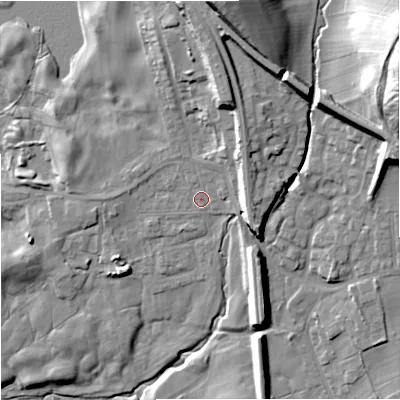 Shaded relief map of the ground around BD234EX, computed from Environment Agency LiDAR. The ground here sits at about 143 m above sea level and falls 43 m across the surrounding 800 m. Surface water reaching this point runs off ground lying to the north-east, 8.2 m higher.