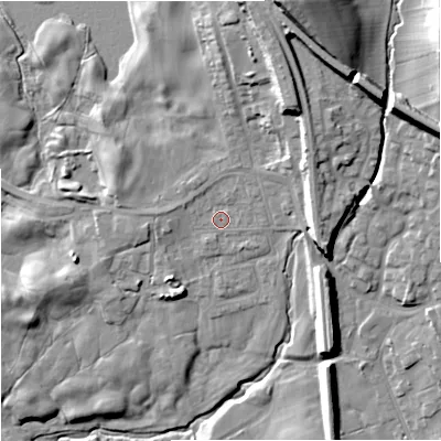 Shaded relief map of the ground around BD234EZ, computed from Environment Agency LiDAR. The ground here sits at about 142 m above sea level and falls 33 m across the surrounding 800 m. Surface water reaching this point runs off ground lying to the north-north-east, 12.1 m higher.