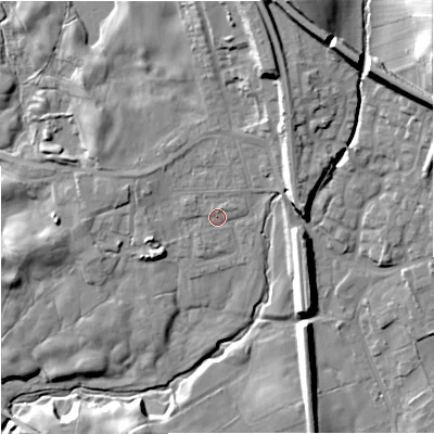 Shaded relief map of the ground around BD234HB, computed from Environment Agency LiDAR. The ground here sits at about 142 m above sea level and falls 36 m across the surrounding 800 m. Surface water reaching this point runs off ground lying to the north-east, 9.4 m higher.
