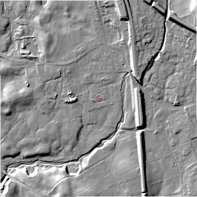 Shaded relief map of the ground around BD234HD, computed from Environment Agency LiDAR. The ground here sits at about 141 m above sea level and falls 33 m across the surrounding 800 m. Surface water reaching this point runs off ground lying to the north-north-west, 2.1 m higher.