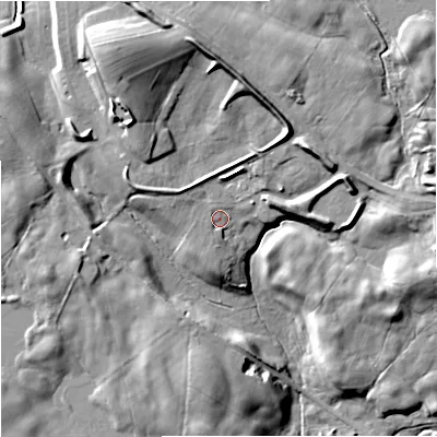 Shaded relief map of the ground around BD234HS, computed from Environment Agency LiDAR. The ground here sits at about 141 m above sea level and falls 23 m across the surrounding 800 m. Surface water reaching this point runs off ground lying to the west-south-west, 1.4 m higher.