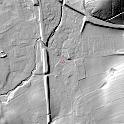 Shaded relief map of the ground around BD234HT, computed from Environment Agency LiDAR. The ground here sits at about 142 m above sea level and falls 64 m across the surrounding 800 m. Surface water reaching this point runs off ground lying to the north-north-east, 15.1 m higher.