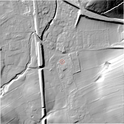 Shaded relief map of the ground around BD234HU, computed from Environment Agency LiDAR. The ground here sits at about 142 m above sea level and falls 53 m across the surrounding 800 m. Surface water reaching this point runs off ground lying to the east-north-east, 3.8 m higher.