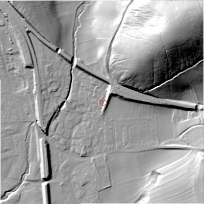 Shaded relief map of the ground around BD234JG, computed from Environment Agency LiDAR. The ground here sits at about 148 m above sea level and falls 80 m across the surrounding 800 m. Surface water reaching this point runs off ground lying to the north-east, 9.4 m higher.