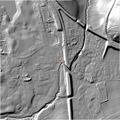 Shaded relief map of the ground around BD234JU, computed from Environment Agency LiDAR. The ground here sits at about 143 m above sea level and falls 56 m across the surrounding 800 m. Surface water reaching this point runs off ground lying to the north-north-east, 8.2 m higher.