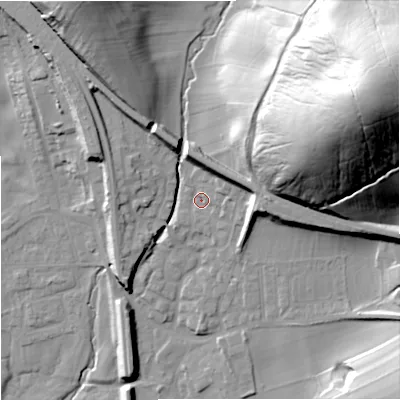 Shaded relief map of the ground around BD234JW, computed from Environment Agency LiDAR. The ground here sits at about 147 m above sea level and falls 78 m across the surrounding 800 m. Surface water reaching this point runs off ground lying to the east-north-east, 72.1 m higher.