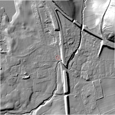 Shaded relief map of the ground around BD234JX, computed from Environment Agency LiDAR. The ground here sits at about 143 m above sea level and falls 56 m across the surrounding 800 m. Surface water reaching this point runs off ground lying to the north-north-east, 8.1 m higher.