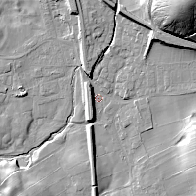 Shaded relief map of the ground around BD234JY, computed from Environment Agency LiDAR. The ground here sits at about 142 m above sea level and falls 69 m across the surrounding 800 m. Surface water reaching this point runs off ground lying to the north-east, 15.4 m higher.