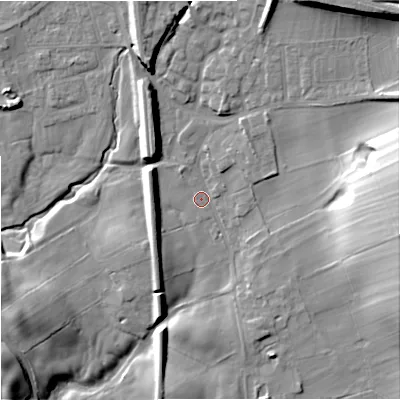 Shaded relief map of the ground around BD234LA, computed from Environment Agency LiDAR. The ground here sits at about 141 m above sea level and falls 32 m across the surrounding 800 m. Surface water reaching this point runs off ground lying to the north-east, 4.9 m higher.