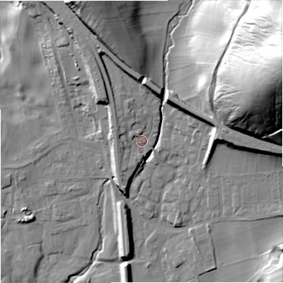 Shaded relief map of the ground around BD234LZ, computed from Environment Agency LiDAR. The ground here sits at about 148 m above sea level and falls 73 m across the surrounding 800 m. Surface water reaching this point runs off ground lying to the north-west, 4.6 m higher.