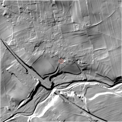 Shaded relief map of the ground around BD234NH, computed from Environment Agency LiDAR. The ground here sits at about 148 m above sea level and falls 36 m across the surrounding 800 m. Surface water reaching this point runs off ground lying to the east, 5.1 m higher.