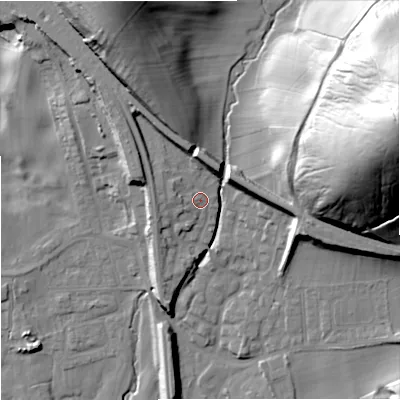 Shaded relief map of the ground around BD234NY, computed from Environment Agency LiDAR. The ground here sits at about 149 m above sea level and falls 74 m across the surrounding 800 m. Surface water reaching this point runs off ground lying to the north-north-west, 6.5 m higher.