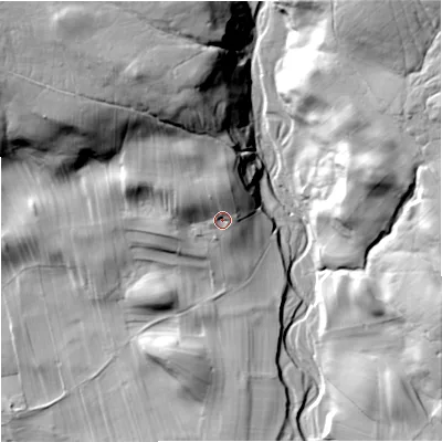 Shaded relief map of the ground around BD234QT, computed from Environment Agency LiDAR. The ground here sits at about 177 m above sea level and falls 60 m across the surrounding 800 m. Surface water reaching this point runs off ground lying to the north, 10.7 m higher.