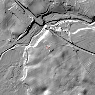 Shaded relief map of the ground around BD234RA, computed from Environment Agency LiDAR. The ground here sits at about 147 m above sea level and falls 30 m across the surrounding 800 m. Surface water reaching this point runs off ground lying to the east-north-east, 2.9 m higher.