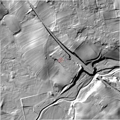 Shaded relief map of the ground around BD234RD, computed from Environment Agency LiDAR. The ground here sits at about 145 m above sea level and falls 35 m across the surrounding 800 m. Surface water reaching this point runs off ground lying to the north-east, 3.4 m higher.