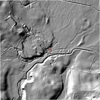 Shaded relief map of the ground around BD234RL, computed from Environment Agency LiDAR. The ground here sits at about 131 m above sea level and falls 30 m across the surrounding 800 m. Surface water reaching this point runs off ground lying to the west, 7.2 m higher.