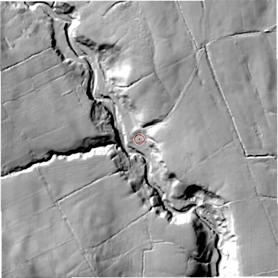 Shaded relief map of the ground around BD234SJ, computed from Environment Agency LiDAR. The ground here sits at about 163 m above sea level and falls 83 m across the surrounding 800 m. Surface water reaching this point runs off ground lying to the north, 27.4 m higher.
