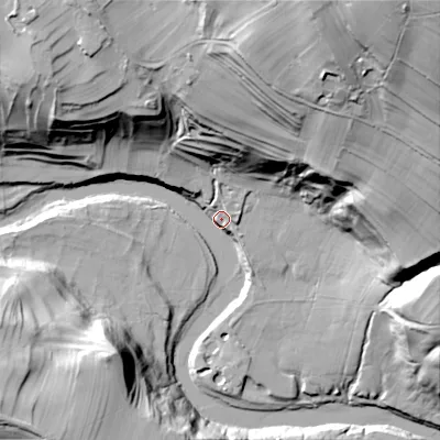 Shaded relief map of the ground around BD235BX, computed from Environment Agency LiDAR. The ground here sits at about 159 m above sea level and falls 82 m across the surrounding 800 m. Surface water reaching this point runs off ground lying to the north-north-east, 68.1 m higher.