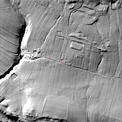 Shaded relief map of the ground around BD235DA, computed from Environment Agency LiDAR. The ground here sits at about 213 m above sea level and falls 98 m across the surrounding 800 m. Surface water reaching this point runs off ground lying to the north-north-east, 36.5 m higher.