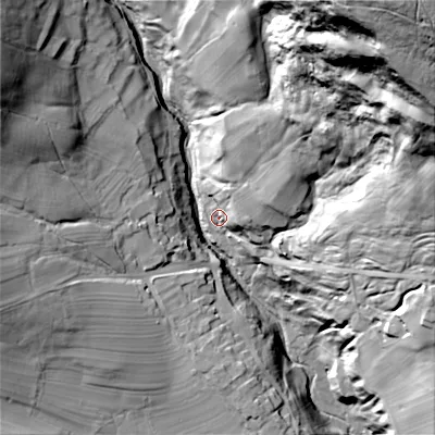 Shaded relief map of the ground around BD235DQ, computed from Environment Agency LiDAR. The ground here sits at about 182 m above sea level and falls 129 m across the surrounding 800 m. Surface water reaching this point runs off ground lying to the north-east, 51.0 m higher.