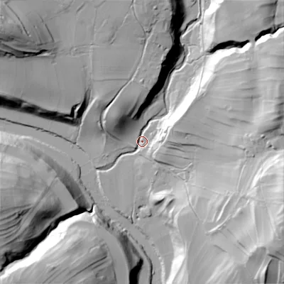 Shaded relief map of the ground around BD235DY, computed from Environment Agency LiDAR. The ground here sits at about 153 m above sea level and falls 63 m across the surrounding 800 m. Surface water reaching this point runs off ground lying to the north-east, 57.6 m higher.