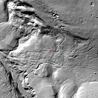 Shaded relief map of the ground around BD235EB, computed from Environment Agency LiDAR. The ground here sits at about 236 m above sea level and falls 130 m across the surrounding 800 m. Surface water reaching this point runs off ground lying to the north-north-east, 11.8 m higher.