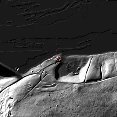 Shaded relief map of the ground around BD235ED, computed from Environment Agency LiDAR. The ground here sits at about 291 m above sea level and falls 86 m across the surrounding 800 m. Surface water reaching this point runs off ground lying to the south-south-west, 13.4 m higher.