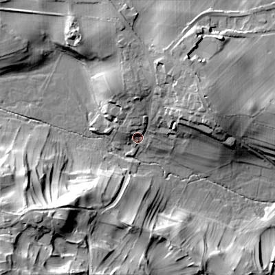 Shaded relief map of the ground around BD235HB, computed from Environment Agency LiDAR. The ground here sits at about 182 m above sea level and falls 50 m across the surrounding 800 m. Surface water reaching this point runs off ground lying to the north-east, 14.0 m higher.