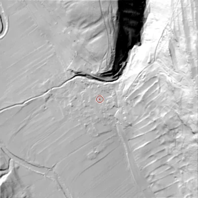 Shaded relief map of the ground around BD235HY, computed from Environment Agency LiDAR. The ground here sits at about 229 m above sea level and falls 130 m across the surrounding 800 m. Surface water reaching this point runs off ground lying to the east-north-east, 6.3 m higher.