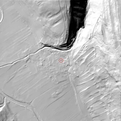 Shaded relief map of the ground around BD235HZ, computed from Environment Agency LiDAR. The ground here sits at about 229 m above sea level and falls 132 m across the surrounding 800 m. Surface water reaching this point runs off ground lying to the east-north-east, 5.9 m higher.
