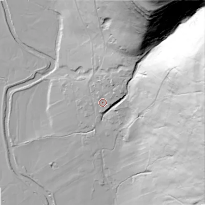 Shaded relief map of the ground around BD235JA, computed from Environment Agency LiDAR. The ground here sits at about 238 m above sea level and falls 161 m across the surrounding 800 m. Surface water reaching this point runs off ground lying to the north-east, 17.9 m higher.