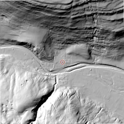 Shaded relief map of the ground around BD235JE, computed from Environment Agency LiDAR. The ground here sits at about 236 m above sea level and falls 121 m across the surrounding 800 m. Surface water reaching this point runs off ground lying to the north-north-west, 114.7 m higher.